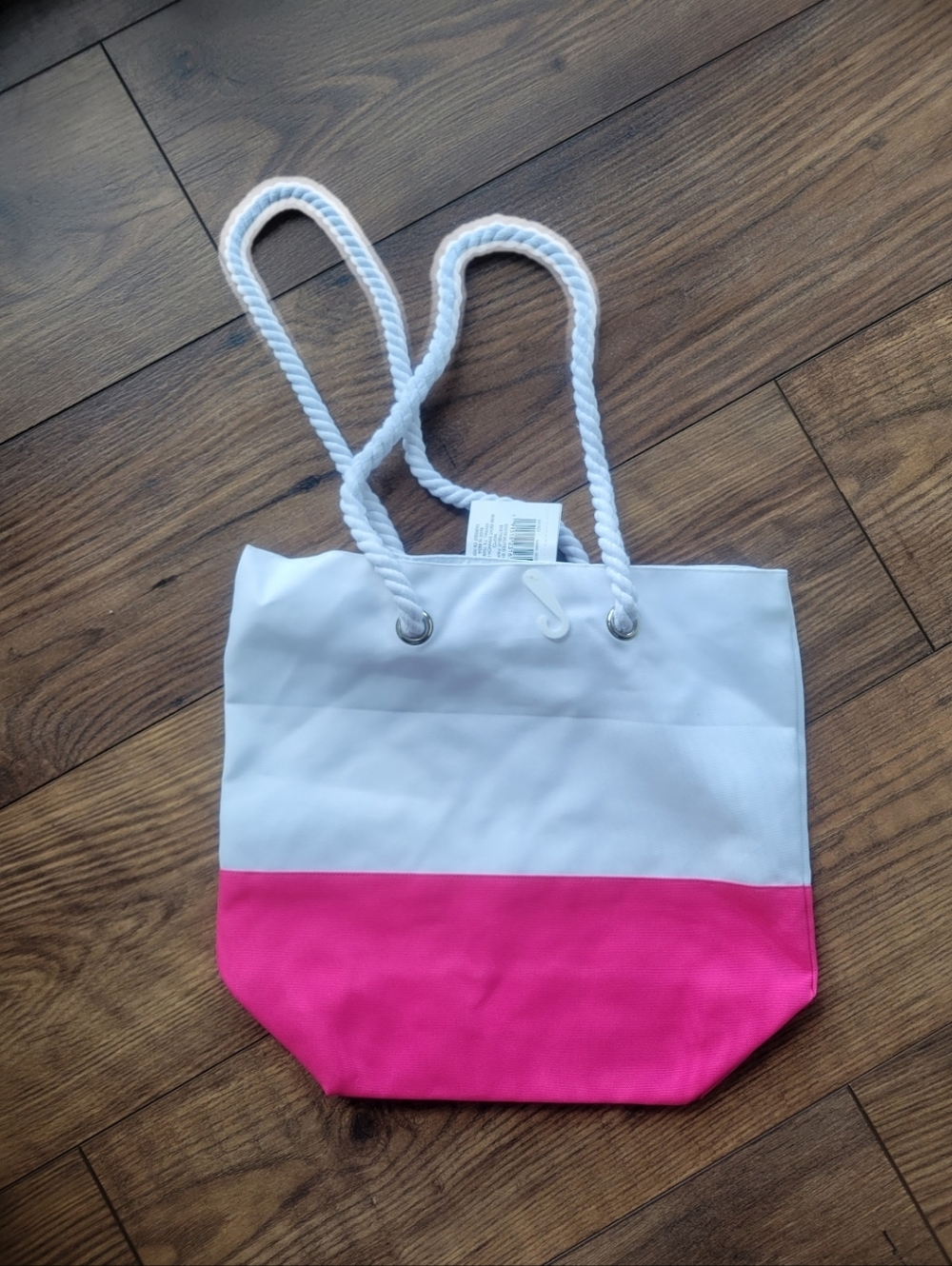 Beach Tote Bag White & Hot Pink Colorblock Rope Handle Medium Size